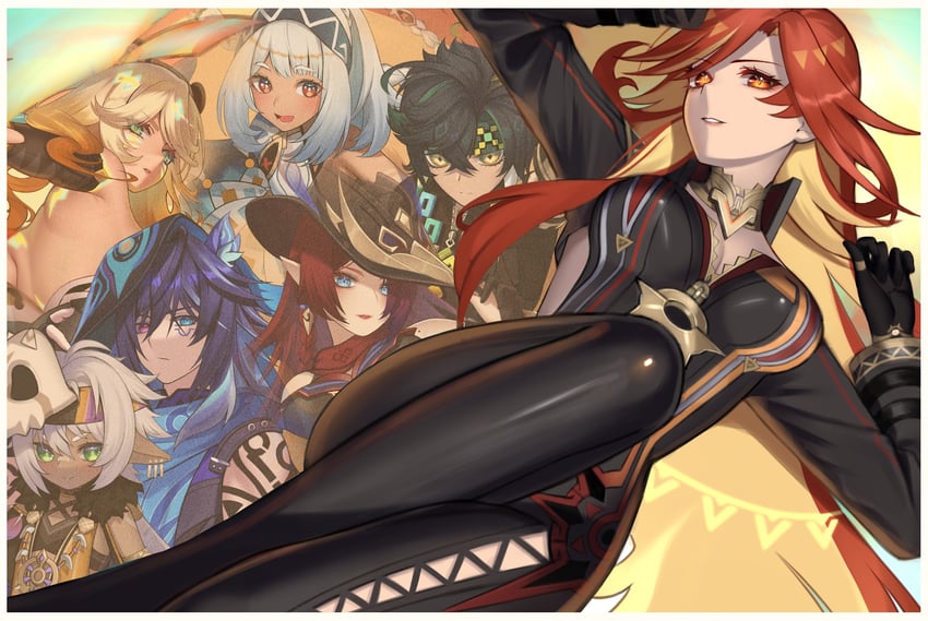 mavuika, mualani, kinich, xilonen, ororon, and 2 more (genshin impact) drawn by l4st_resort