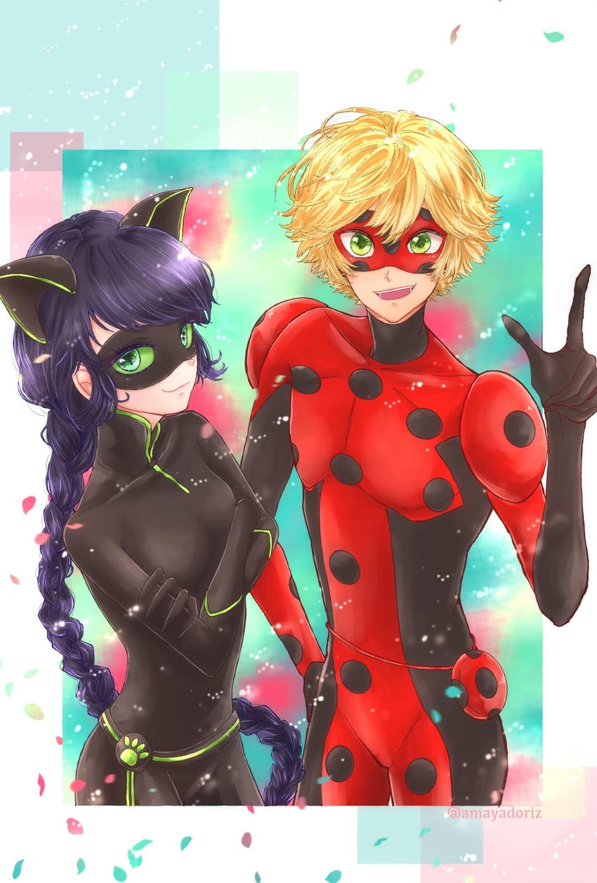 marinette dupain-cheng, adrien agreste, lady noir, and misterbug (miraculous ladybug) drawn by amayadoriz