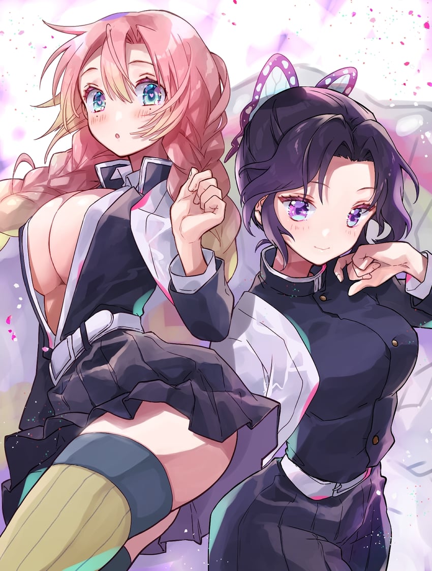 kochou shinobu and kanroji mitsuri (kimetsu no yaiba) drawn by saku_neko