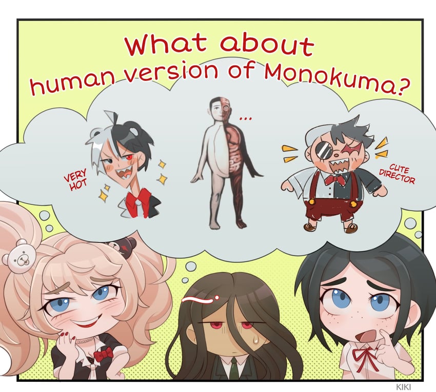 enoshima junko, monokuma, and ikusaba mukuro (danganronpa and 1 more) drawn by kiki_witch