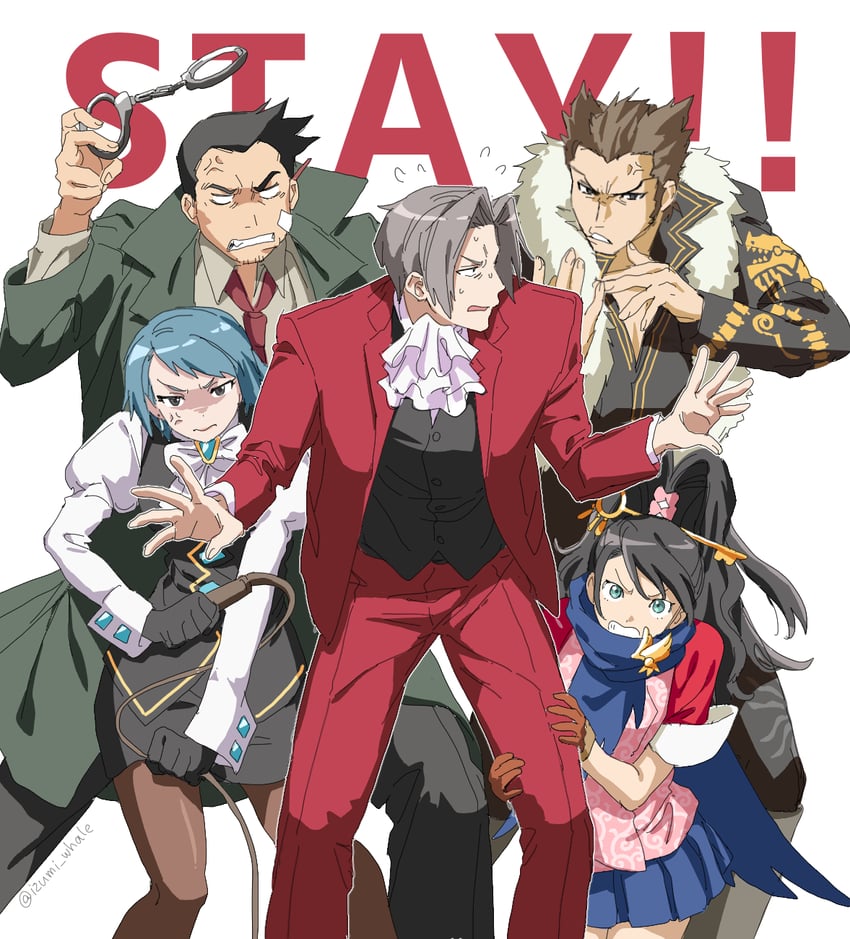 miles edgeworth, franziska von karma, dick gumshoe, kay faraday, and shi-long lang (ace attorney and 1 more) drawn by izumi_whale