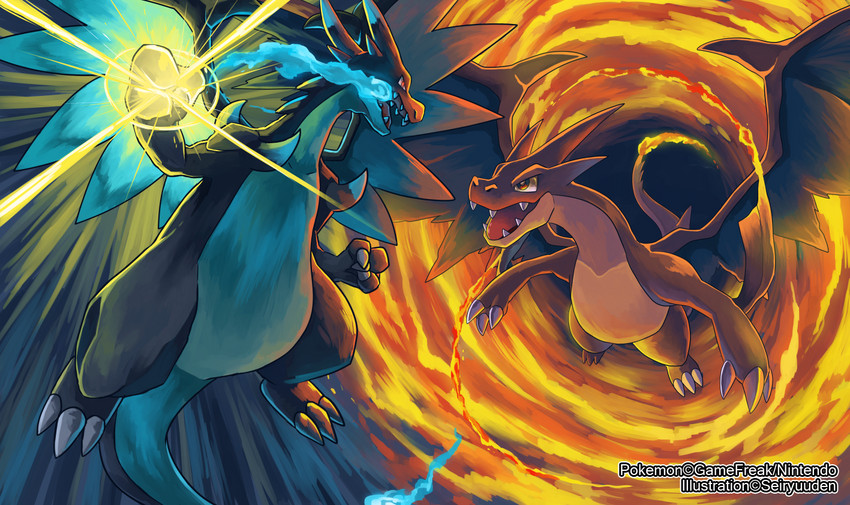 charizard, mega charizard x, and mega charizard y (pokemon) drawn by sei_(seiryuuden)