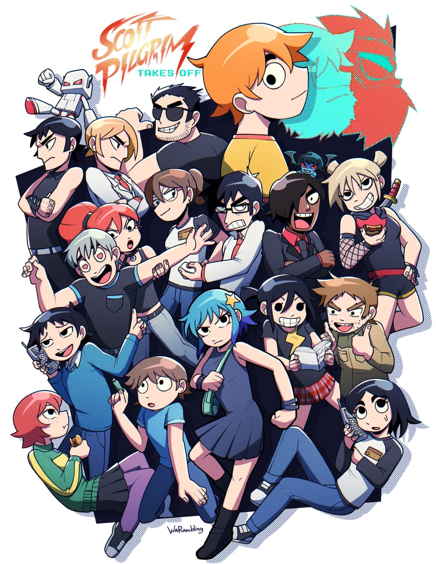 lucas lee, scott pilgrim, wallace wells, ramona flowers, kim pine, and 16 more (scott pilgrim and 1 more) drawn by warambling