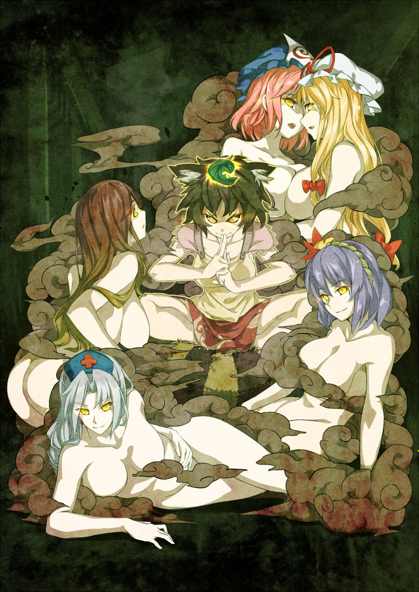 yakumo yukari, saigyouji yuyuko, hijiri byakuren, yasaka kanako, yagokoro eirin, and 1 more (touhou) drawn by asutora