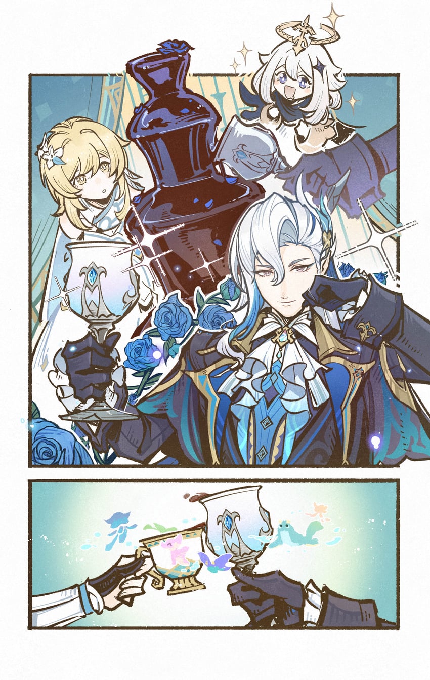 lumine, paimon, and neuvillette (genshin impact) drawn by sumirou-kun