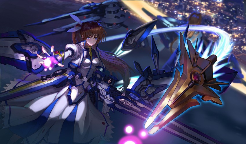 fate testarossa, takamachi nanoha, raising heart, bardiche, strike cannon, and 2 more (lyrical nanoha and 1 more) drawn by little_owl