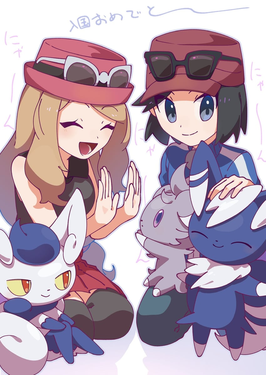 serena, calem, espurr, and meowstic (pokemon and 1 more) drawn by omochi_(omotimotittona3)