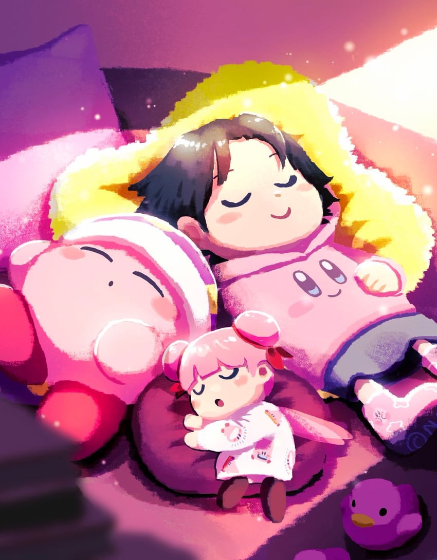 kirby, adeleine, ribbon, sleep kirby, vending mouth, and 2 more (kirby) drawn by aruco_co