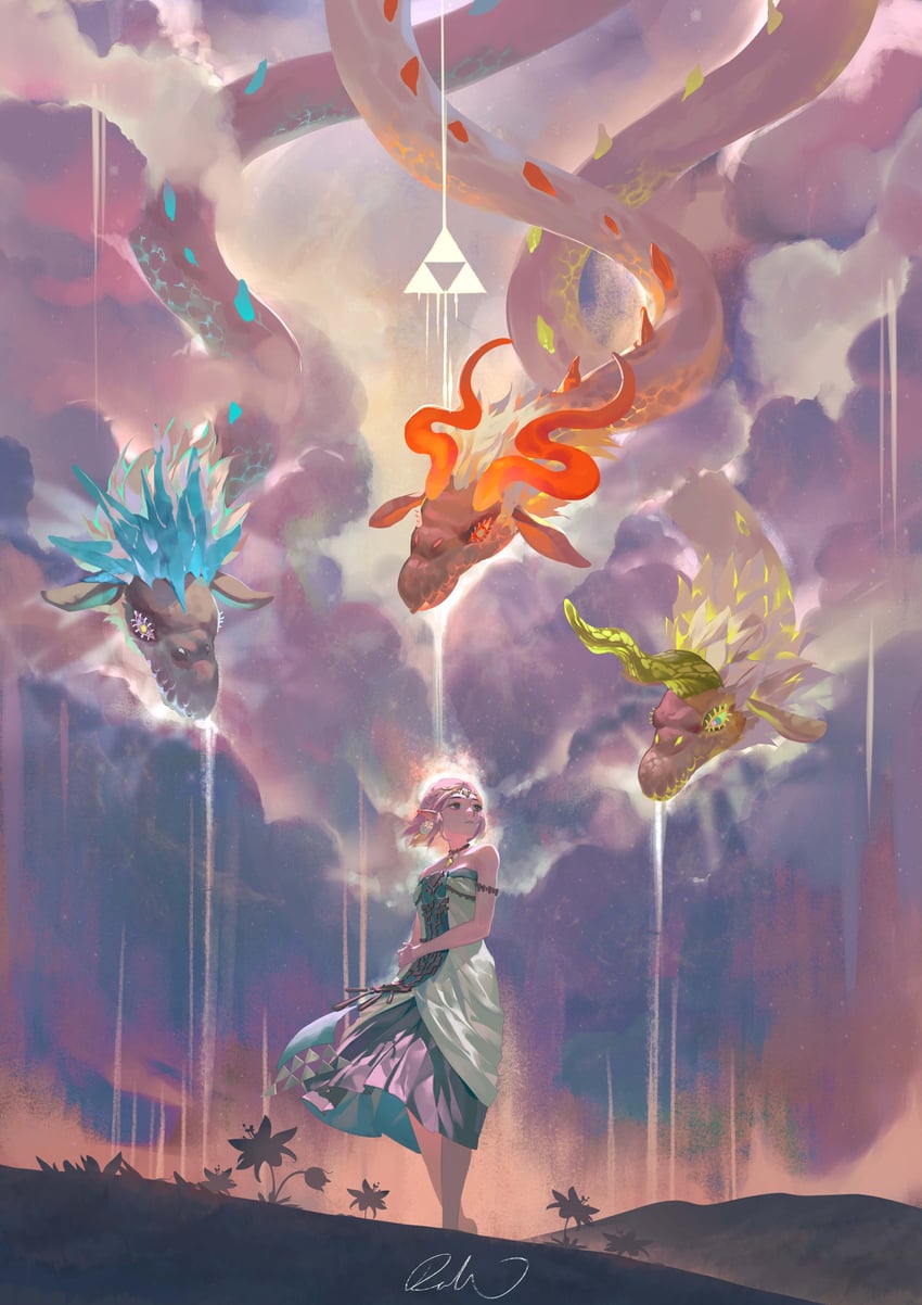 princess zelda, farosh, dinraal, and naydra (the legend of zelda and 1 more) drawn by rat_chuuu