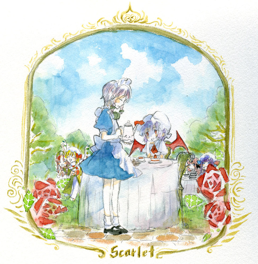 remilia scarlet, flandre scarlet, izayoi sakuya, patchouli knowledge, hong meiling, and 1 more (touhou) drawn by sugi