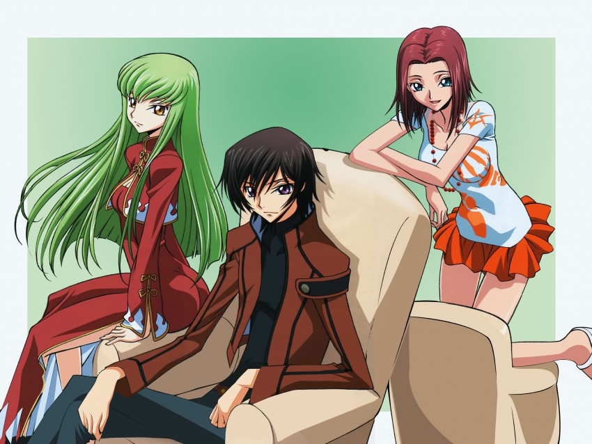 c.c., lelouch vi britannia, and kouzuki kallen (code geass) drawn by sakamoto_shuuji