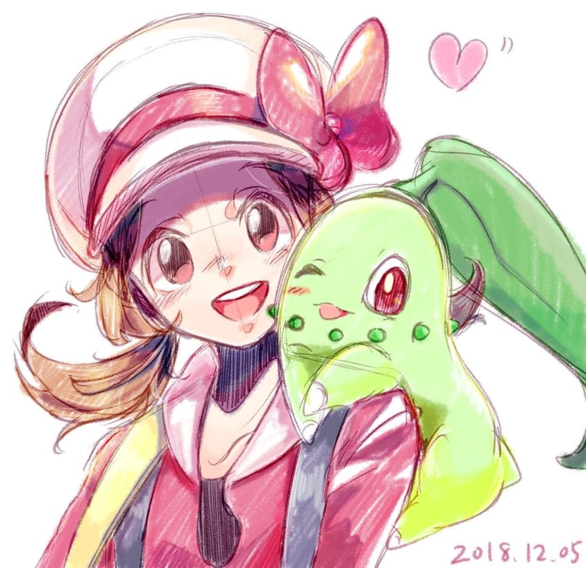 lyra and chikorita (pokemon and 1 more) drawn by r.aka.