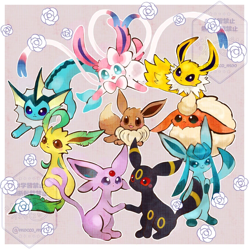 eevee, sylveon, umbreon, glaceon, vaporeon, and 4 more (pokemon) drawn by watamonya