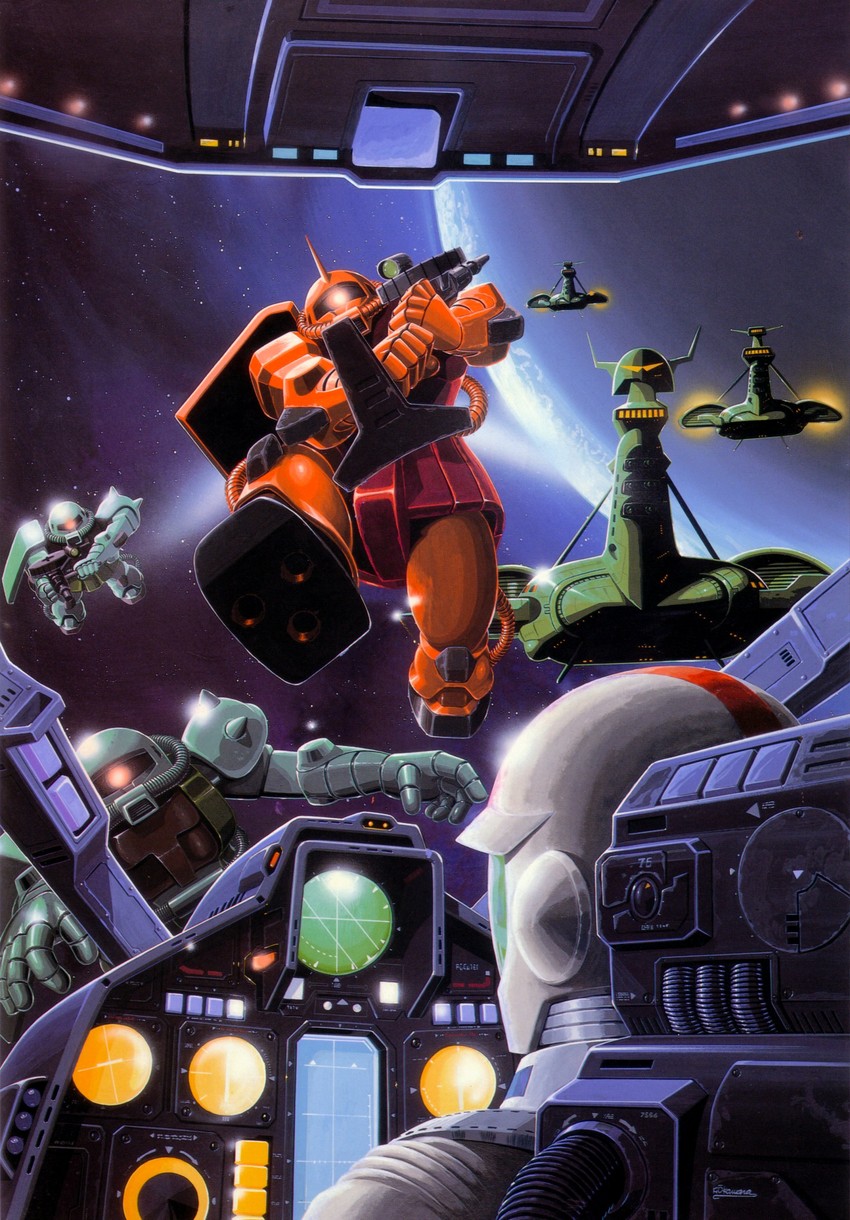 rx-78-2 gundam, amuro ray, zaku ii, zaku ii s char custom, musai, and 1 more (gundam and 1 more) drawn by ookawara_kunio