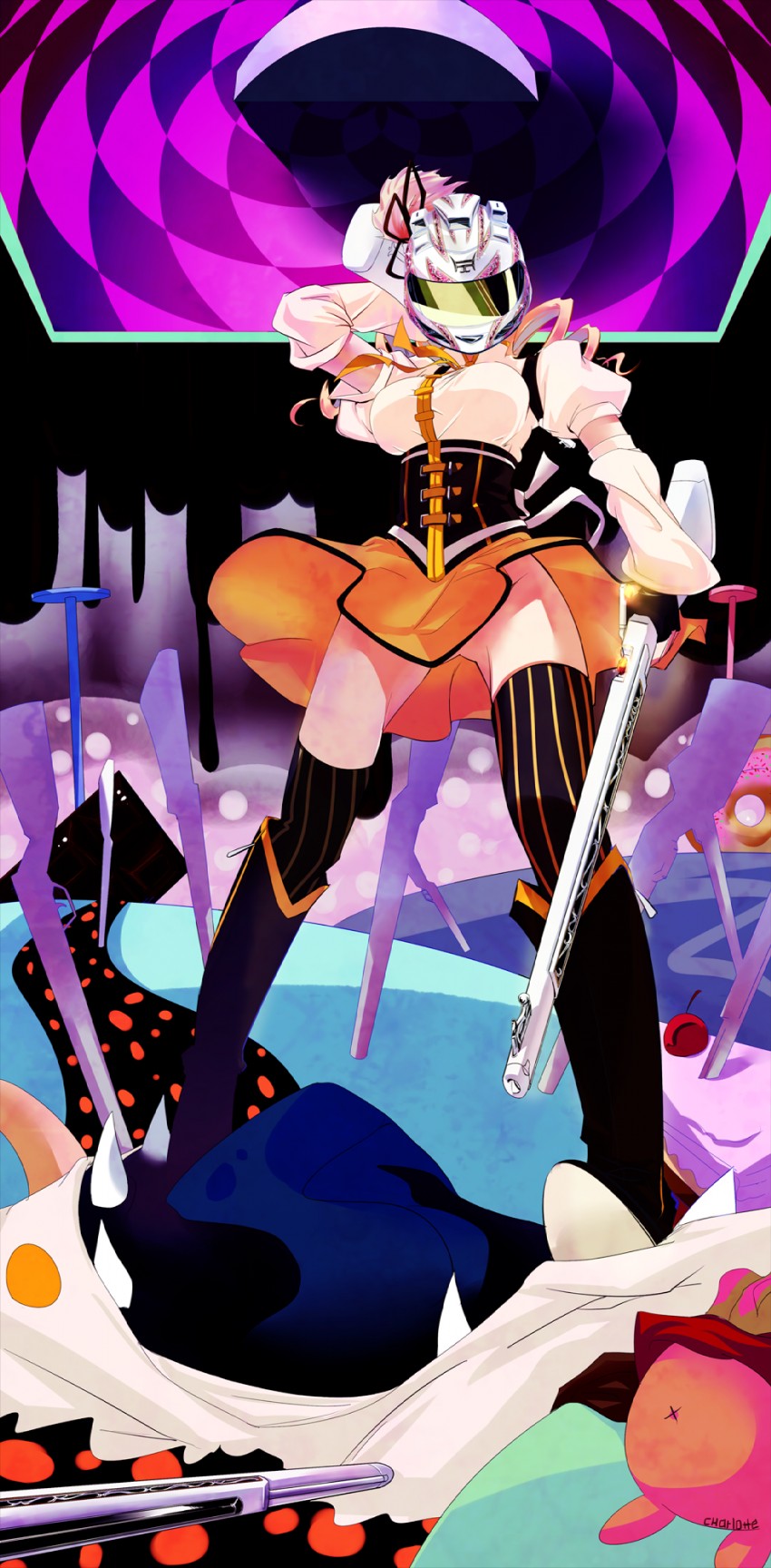 tomoe mami and charlotte (mahou shoujo madoka magica and 1 more) drawn by initial_f