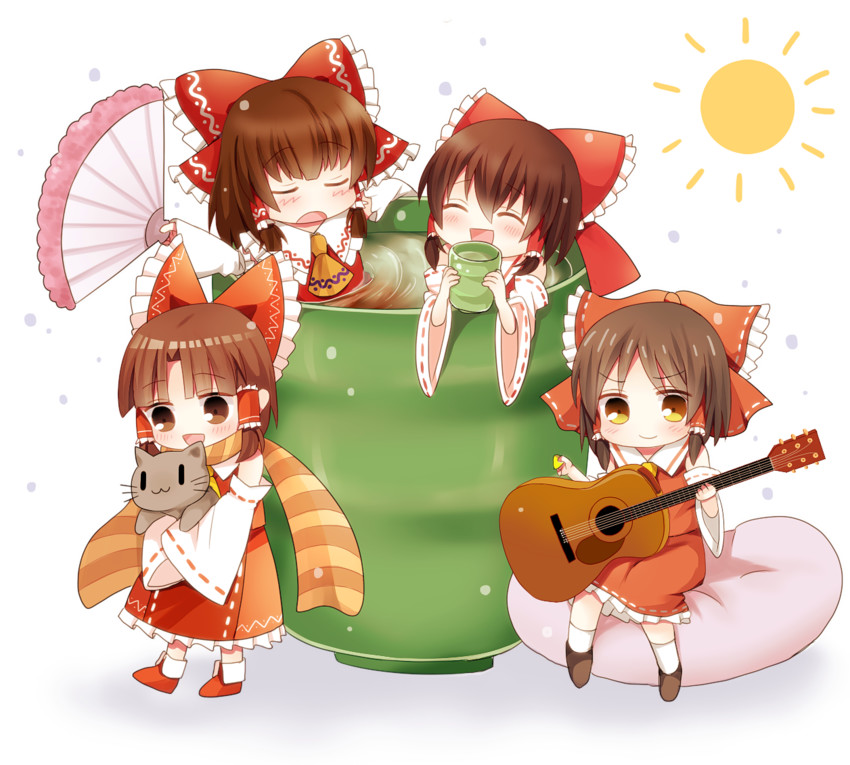 hakurei reimu, benikurage, kanna, reu, and sananana (touhou and 1 more) drawn by choco_ice
