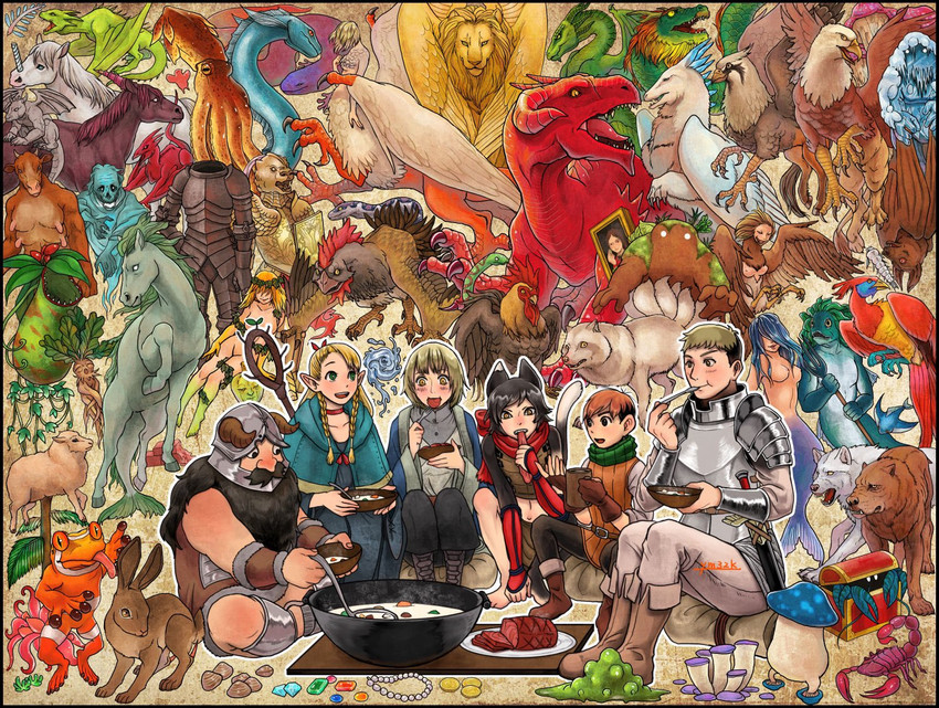 marcille donato, falin touden, laios touden, senshi, chilchuck tims, and 6 more (dungeon meshi) drawn by ym32k