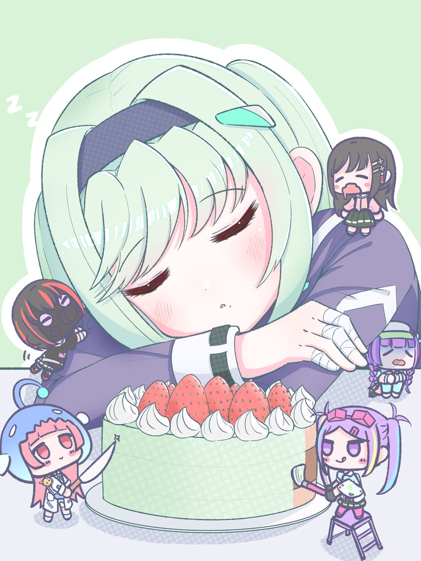 nikaidou misato, date akari, mikoto fubuki, ishii iroha, murohushi risa, and 1 more (heaven burns red) drawn by arcshizuku