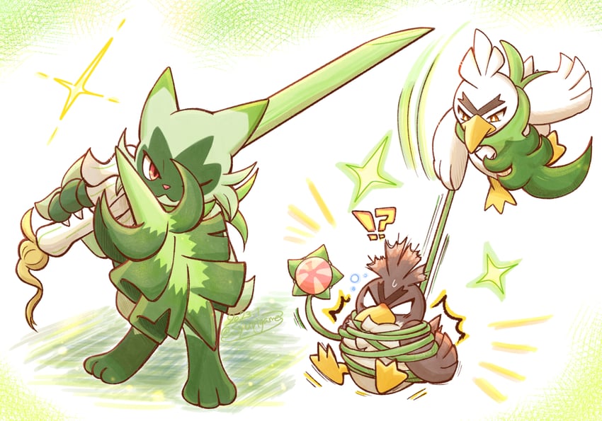sirfetch'd, floragato, and galarian farfetch'd (pokemon) drawn by shuri_(syurigame)