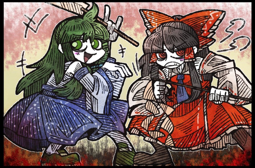 hakurei reimu and kochiya sanae (touhou) drawn by suenari_(peace)