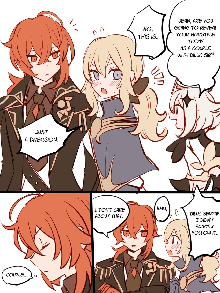 paimon, jean, and diluc (genshin impact) drawn by rome_romedo