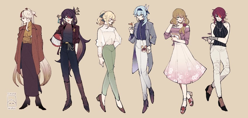 eula, jean, ningguang, lisa, beidou, and 2 more (genshin impact) drawn by durenosaurus