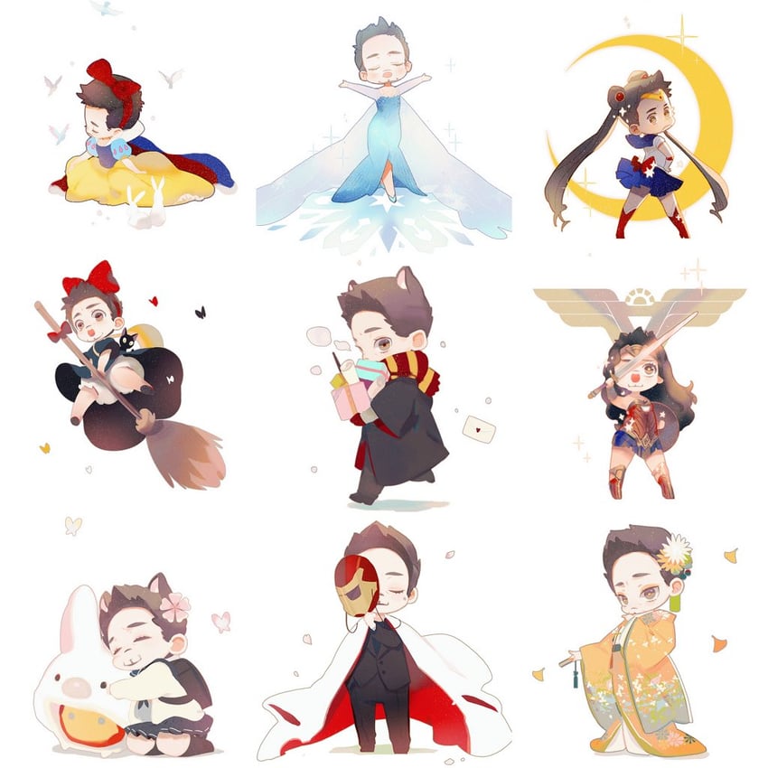 sailor moon, elsa, kiki, tony stark, iron man, and 3 more (marvel and 10 more) drawn by mian_lang