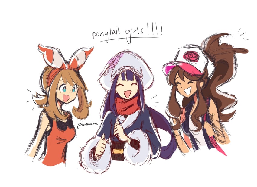 may, hilda, and akari (pokemon and 3 more) drawn by constarlations