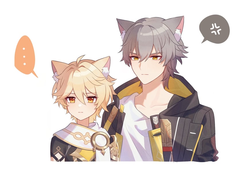 trailblazer, aether, and caelus (genshin impact and 3 more) drawn by raramuda_0101