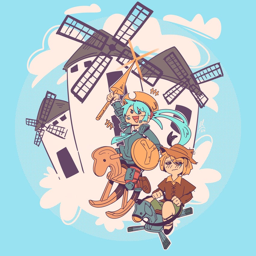 hatsune miku, kagamine rin, alonso quixano, and sancho panza (vocaloid and 1 more) drawn by laujita