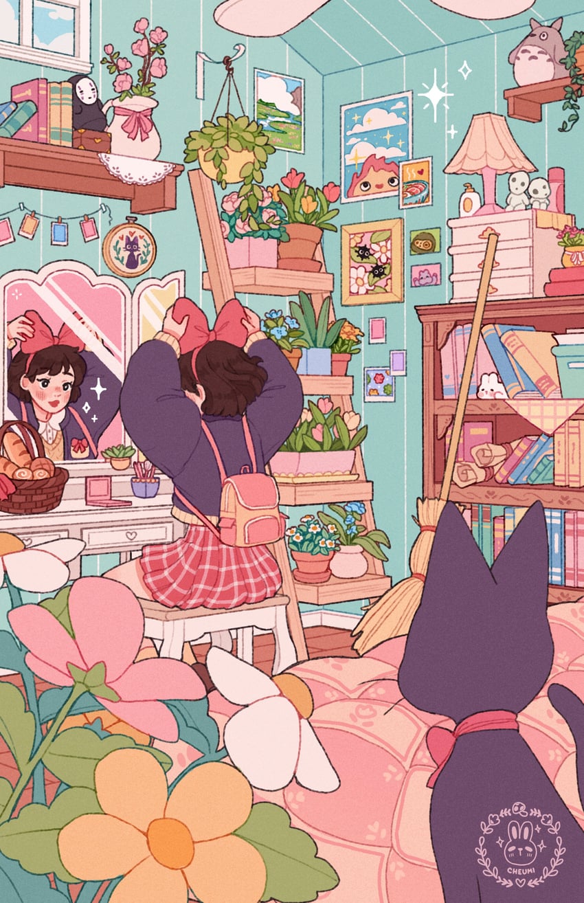 kiki, jiji, totoro, kaonashi, kodama, and 1 more (majo no takkyuubin and 3 more) drawn by cheumi