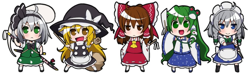hakurei reimu, kirisame marisa, izayoi sakuya, kochiya sanae, and konpaku youmu (touhou) drawn by eichi_yuu