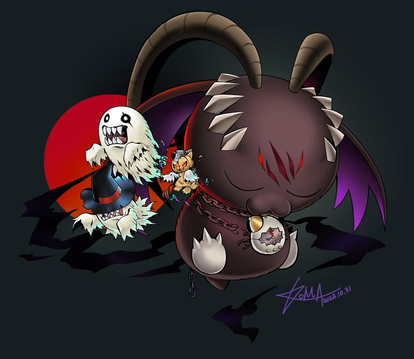 bakemon, belphemon, belphemon sleep mode, and soulmon (digimon) drawn by koma_ookami