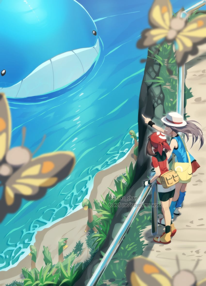 may, leaf, wailord, beautifly, and tropius (pokemon and 2 more) drawn by ariekochan