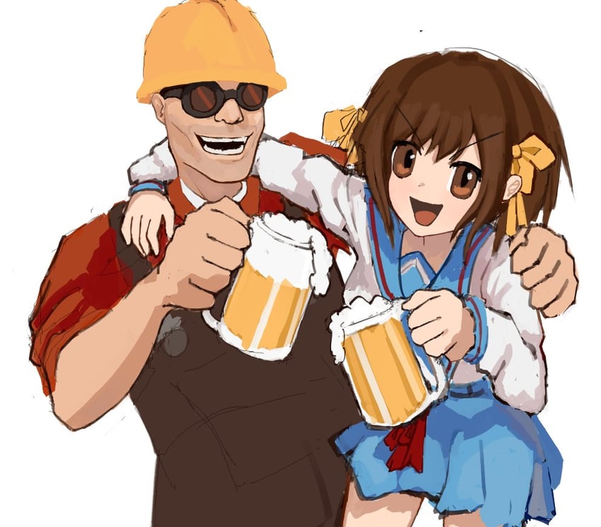 suzumiya haruhi, engineer, and red engineer (suzumiya haruhi no yuuutsu and 1 more) drawn by meatcat