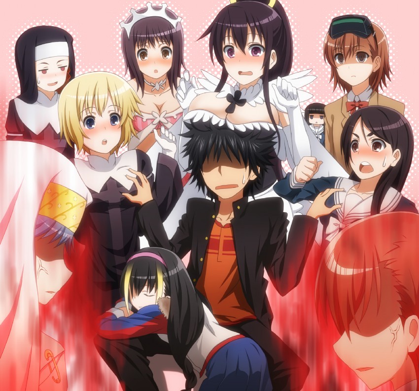 misaka mikoto, kamijou touma, index, misaka imouto, kanzaki kaori, and 6 more (toaru majutsu no index and 1 more) drawn by laco_soregashi