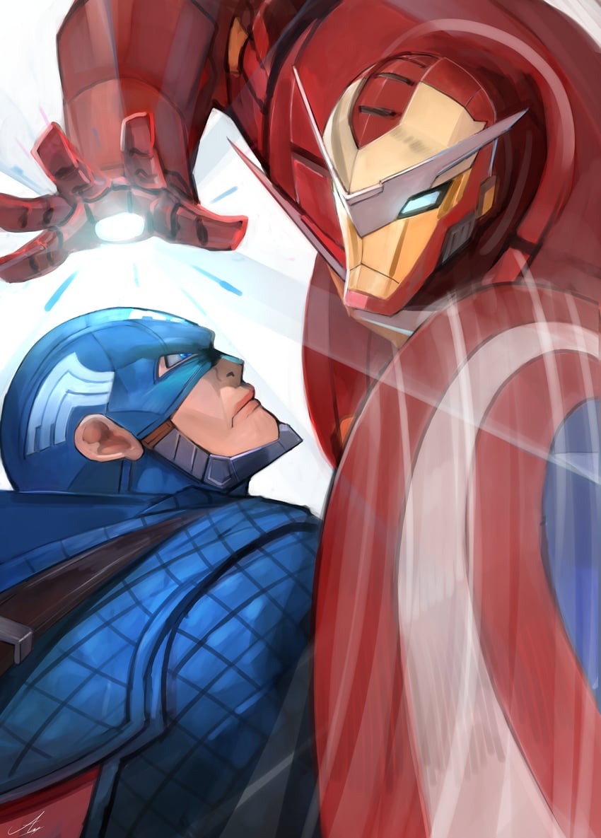 steve rogers, captain america, tony stark, and iron man (marvel and 2 more) drawn by uniqros_artist