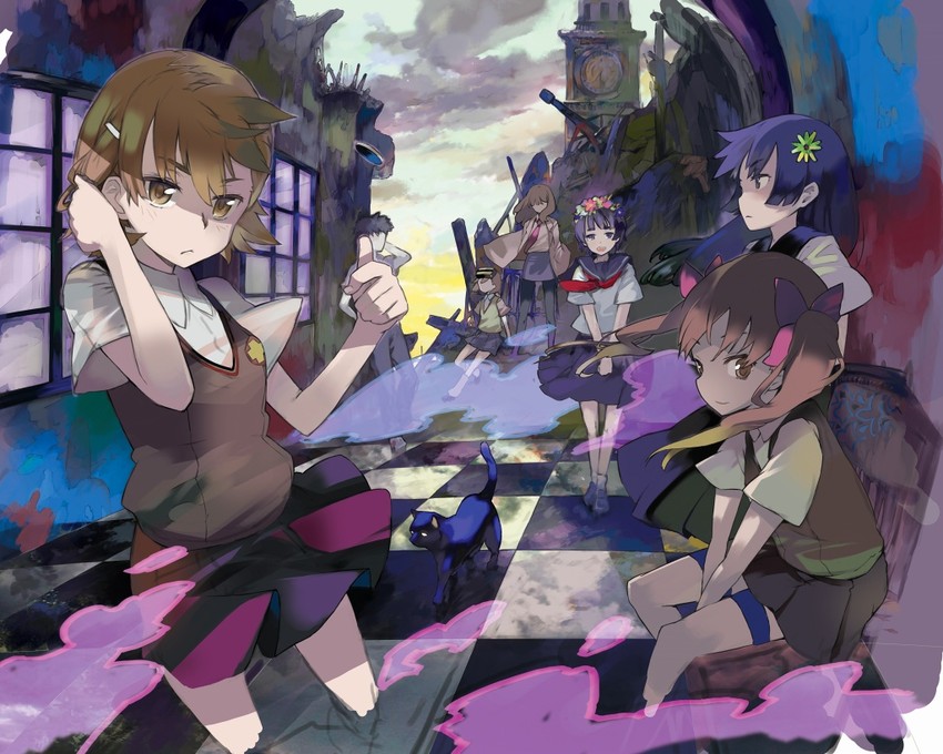 misaka mikoto, shirai kuroko, kamijou touma, saten ruiko, uiharu kazari, and 3 more (toaru majutsu no index and 1 more) drawn by itachi_(3dt)