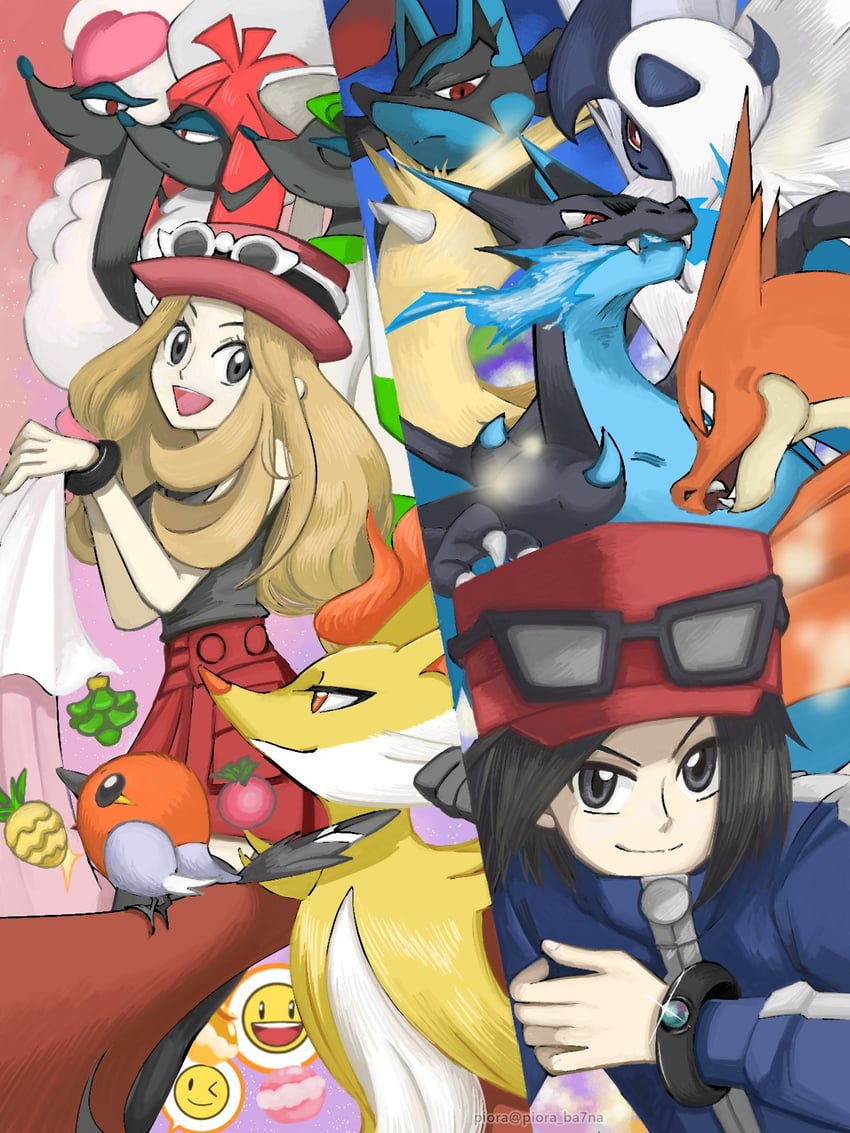 serena, charizard, lucario, calem, absol, and 7 more (pokemon and 1 more) drawn by piora