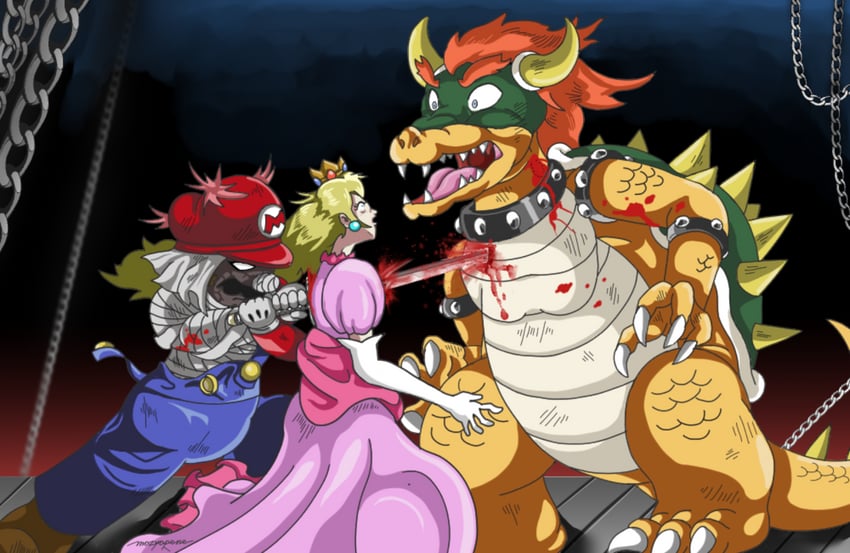 princess peach, mario, bowser, and shishio makoto (mario and 1 more) drawn by mojapene