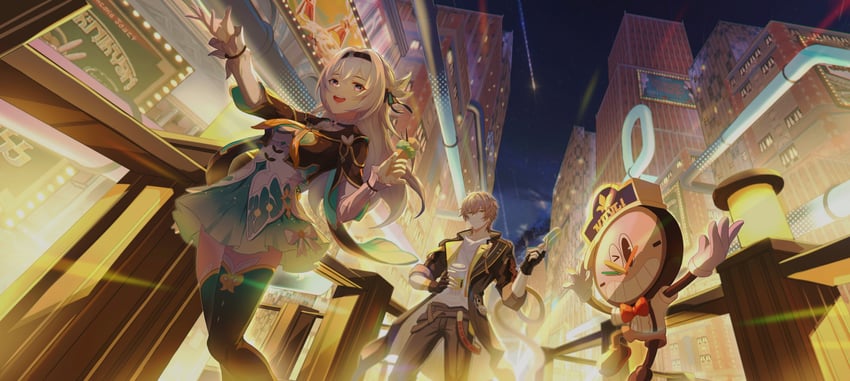 trailblazer, firefly, caelus, and clockie (honkai and 1 more) drawn by bupa_chila