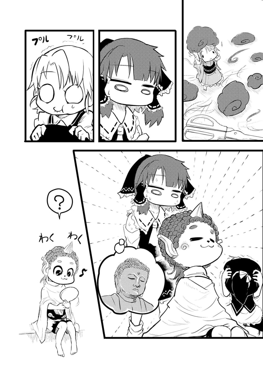 hakurei reimu, kirisame marisa, sukuna shinmyoumaru, komano aunn, and buddha (touhou) drawn by chamaji