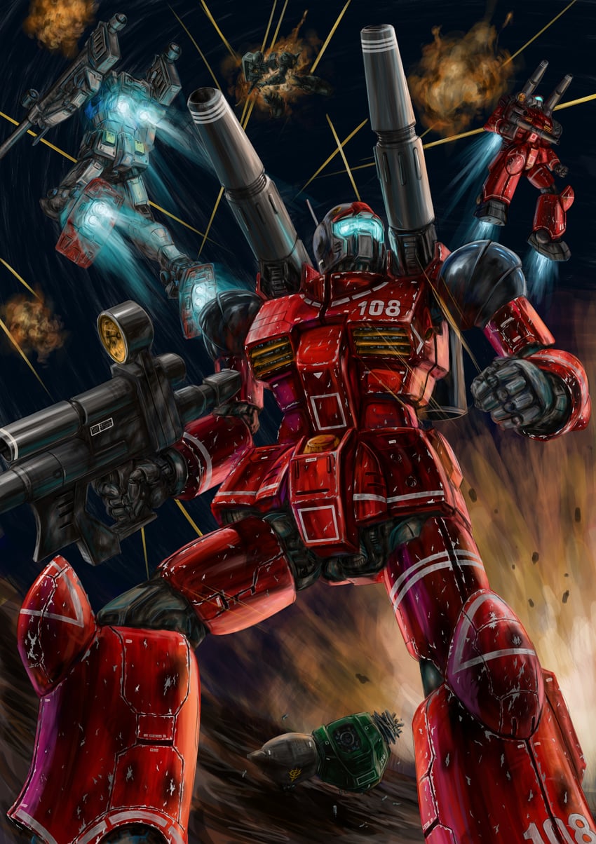 rx-78-2 gundam, zaku ii, guncannon, and gelgoog (gundam and 1 more) drawn by zandan_zero_to_na!?