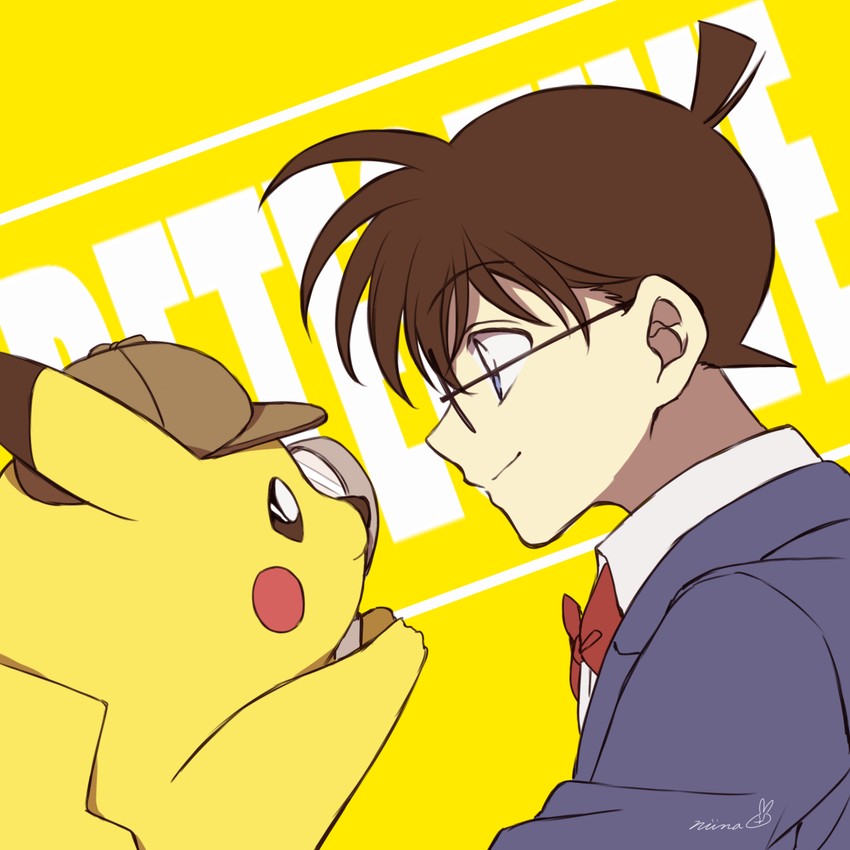 pikachu, edogawa conan, and detective pikachu (pokemon and 2 more) drawn by niina_1oo9