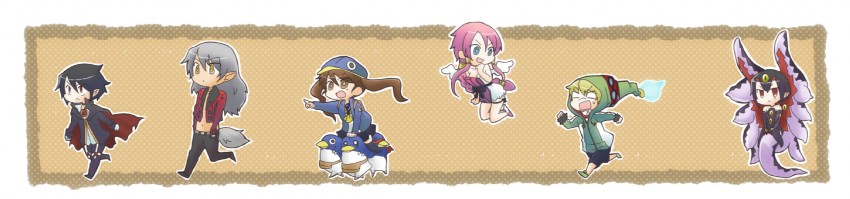 prinny, kazamatsuri fuuka, valvatorez, vulcanus, desco, and 2 more (disgaea and 1 more) drawn by aine_sachio