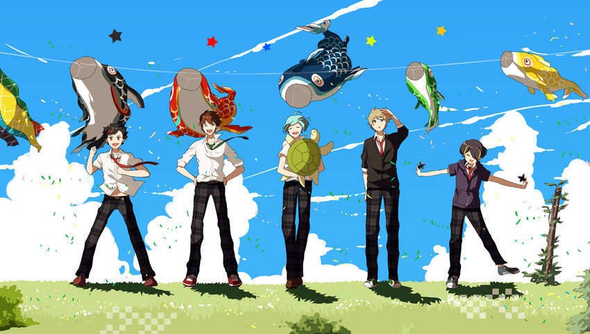 morisawa chiaki, shinkai kanata, sengoku shinobu, takamine midori, and nagumo tetora (ensemble stars!) drawn by houhou_(black_lack)