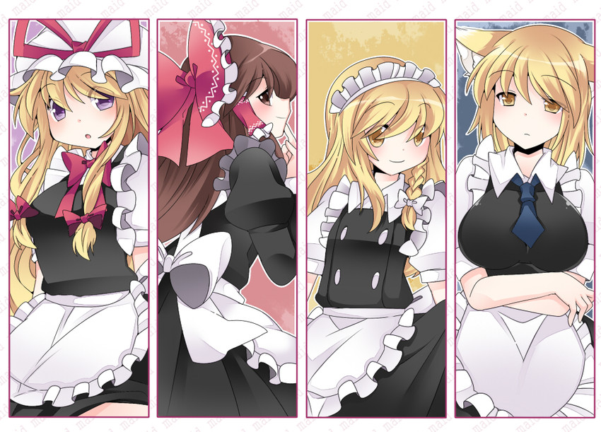 hakurei reimu, kirisame marisa, yakumo yukari, and yakumo ran (touhou) drawn by hammer_(sunset_beach)