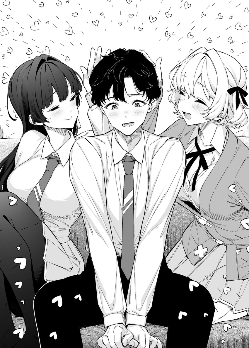 shinjou aina, shinjou arisa, and doumoto hayato (otoko girai na bijin shimai wo namae mo tsugezu ni tasuketara ittai dounaru?) drawn by giuniu