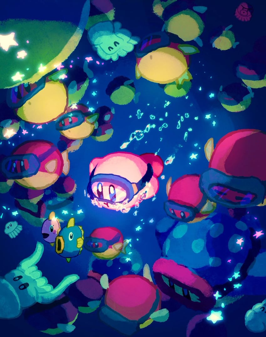 kirby, kine, blipper, and squishy (kirby) drawn by aruco_co