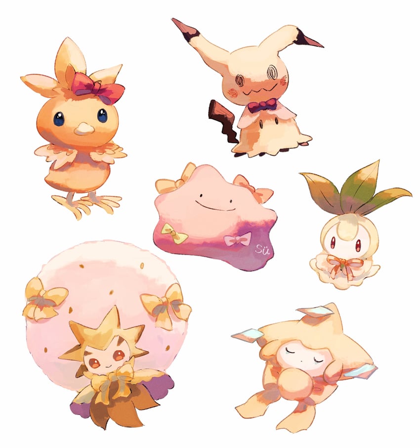 mimikyu, jirachi, torchic, ditto, petilil, and 1 more (pokemon) drawn by su_(sajo_su5)